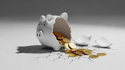 Broken ceramic piggy bank with gold coins on cracked floor symbolizing recession