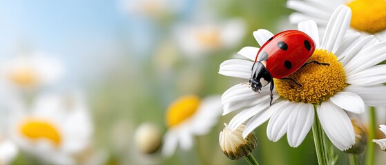 Ladybug resting on white daisy surrounded by nature in a bright, colorful setting showcasing details of insect and flower life