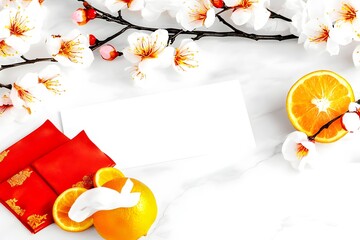 New Year table with Angpao and citrus