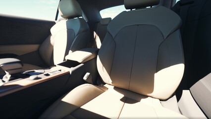 Fototapeta premium Sunlight streams through the windows, illuminating the smooth leather seats of an elegant car interior. The design emphasizes both comfort and sophistication, inviting relaxation.
