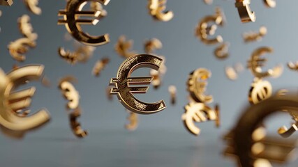 Euro currency finance money gold symbol floating in macro shot of falling coins and metallic signs for wealth, investment and banking concept with blur background effect - Powered by Adobe