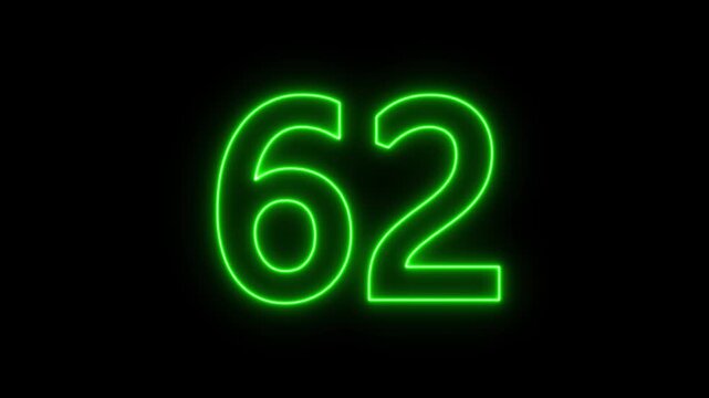 glowing neon text 62 number countdown icon. abstract neon text 62 number countdown timer background. flickering neon number 62 on black background.