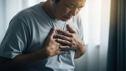Man holding chest in pain representing heart attack or cardiac distress indoors