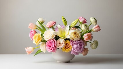 Colorful spring flower bouquet in white vase on light background