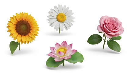 Collection of four beautiful flowers sunflower daisy lotus rose isolated