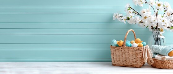 Colorful painted eggs in a basket on wooden table with spring flowers on a light green background suitable for Easter celebration