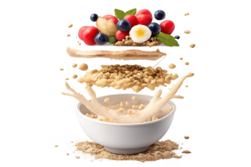 Cereal bowl explosion with fruit and milk, transparent background image