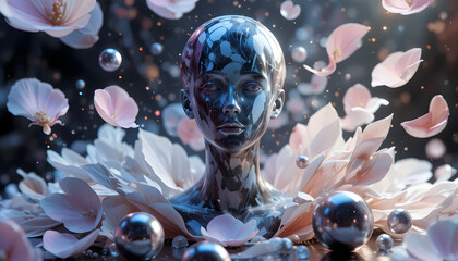 Shiny robotic head surrounded by floating flowers and pearls