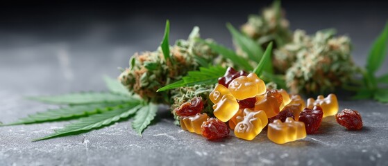 Cannabis leaf with gummy bears on dark surface with marijuana buds creating a modern street-style concept for advertising purpose with copy space available