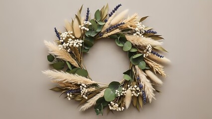 Handcrafted dry flower wreath featuring pampas grass eucalyptus and lavender on beige background