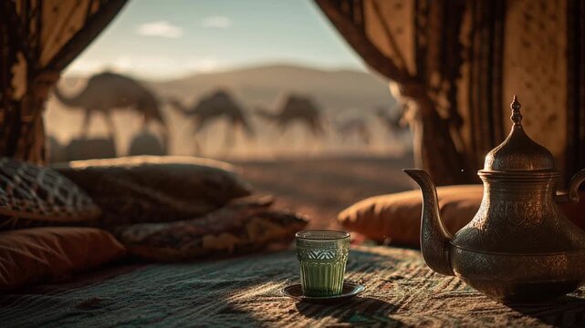 Teapot and glass on traditional carpet inside tent with camels walking in desert at sunrise, tea setup, warm light and textured fabrics for travel hospitality scene