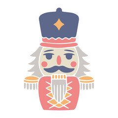 A colorful cartoon nutcracker soldier in a festive uniform and hat