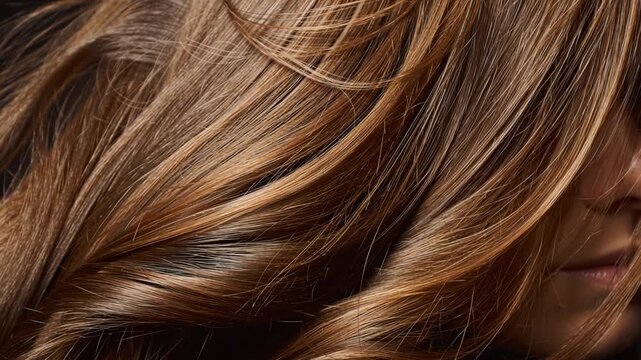hair long brown shiny wavy beauty closeup of styled hair covering face with visible lips smooth highlights glossy texture for haircare and beauty product promotion campaign