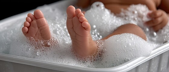 Newborn feet in a bowl with soap foam during foot washing ritual at home, close-up view showing details of cleaning process