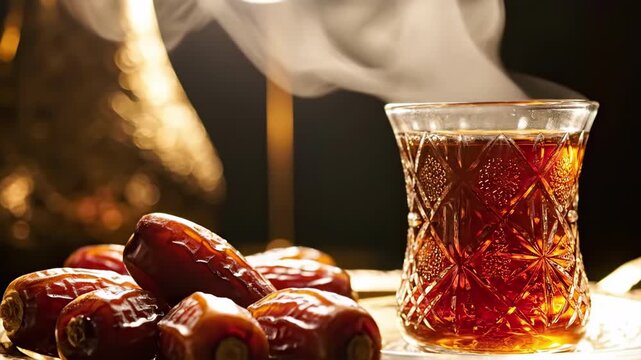 Steaming Traditional Arabian Tea with Dates on Golden Tray for Iftar