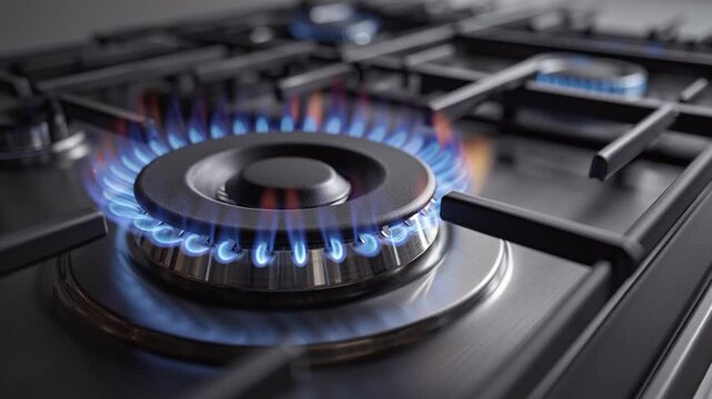 Gas stove burner with blue flame on stainless steel cooktop, closeup of kitchen appliance for cooking, energy heat and safety, modern gas hob with metal grate and ignition