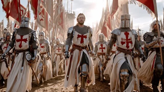 Knights crusaders armor flags cross army marching in formation on battlefield medieval soldiers in steel plate and tabards with red crosses banners and dust