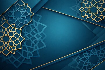 Abstract teal and gold Islamic geometric patterns on a dark blue