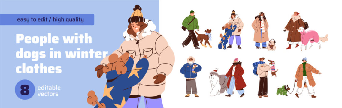 People walk dogs in cute winter clothes set. Owners stroll their puppies in funny animals outerwear in cold weather. Happy characters with pups in outfits. Flat isolated vector illustrations on white
