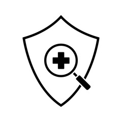 medical insurance and health checkup shield with magnifying glass icon vector