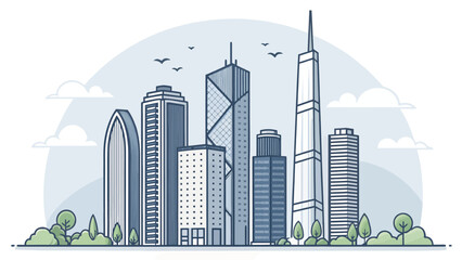 Obraz premium Modern city skyline with sleek skyscrapers and green landscape