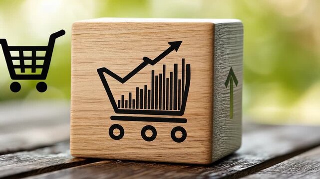 Wooden block with shopping cart and growth chart graphic (1)
