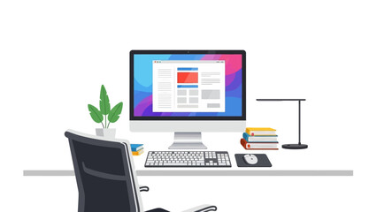 A computer workstation with a monitor displaying a colorful graphic design on a white desk