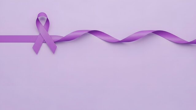 Purple ribbon tied on a lilac background with a long wavy tail
