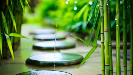 Tranquil bamboo grove with water feature