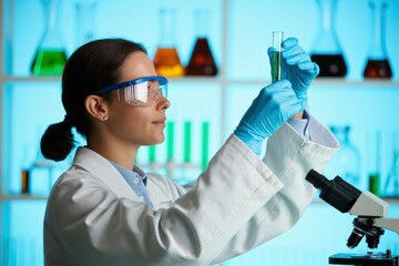 A female scientist in a lab coat and protective gear examining a test tube in a laboratory setting.