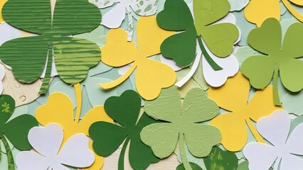 A colorful arrangement of paper cutout shamrocks in various shades of green and yellow on a light blue background for st patricks day