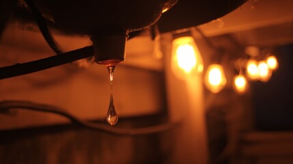 A dripping faucet in a dimly lit room. The water droplets are falling from the faucet and creating a sense of melancholy