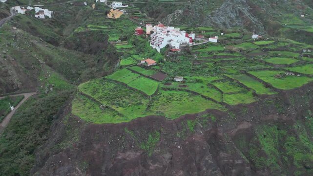 Taganana village with cliffs and mist in winter, Tenerife &ndash; Aerial drone view