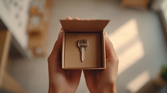 Key box hands holding a small metal key in a cardboard gift box for new home moving and apartment welcome realty and property concept showing access and celebration of relocation moment