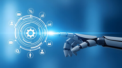Futuristic robot hand touching a glowing digital interface with technology icons on a blue background