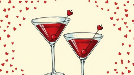 Romantic Valentine's Day cocktail illustration with martini glasses