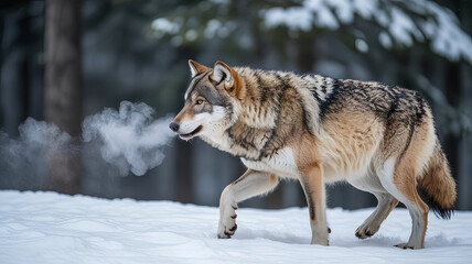 Gray wolf walking through a snowy forest with visible breath vapor and soft falling snow captured in a cinematic wildlife photography style using natural colors and a calm powerful winter mood