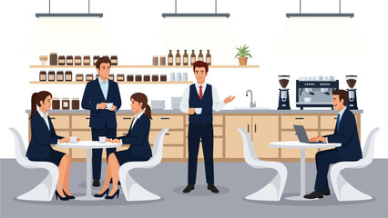 Professionals conducting business meetings and collaborative discussions in a modern, vibrant coffee shop setting, fostering productivity and networking opportunities among colleagues and clients