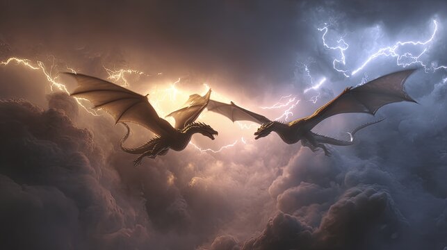Two dragons entwined in an aerial duel lightning striking around them high-energy fantasy action