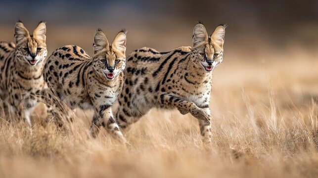 Three playful servals frolicking joyously across grasslands manes flowing freely exotic pet