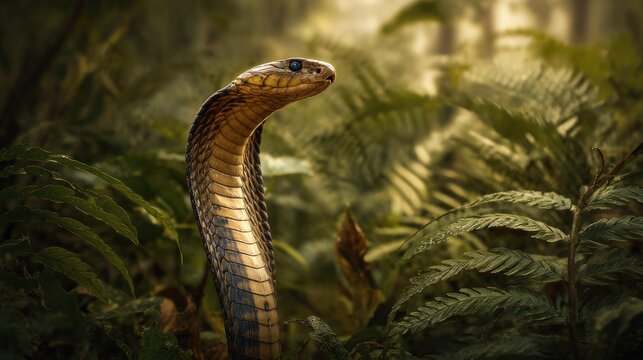 A majestic king cobra standing tall hood flared reptiles exuding power and danger in the dense jungle
