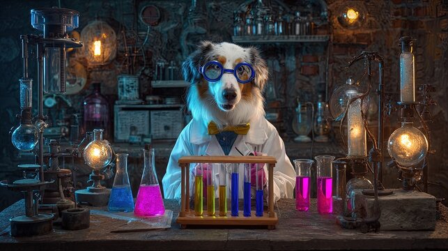 A dog in a lab coat holding test tubes mad scientist expression glowing potions steampunk laboratory