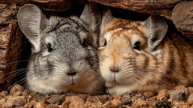 Two affectionate degus cuddling together in their cozy habitat filled with toys and tunnels exotic pet