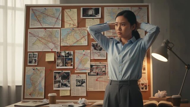 Worried asian detective feeling stuck while looking at a corkboard with maps, photos, and clues connected by red string in her office, trying to solve a difficult and complex case