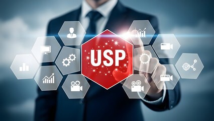 Businessman Interacting with a Virtual Screen Highlighting Unique Selling Proposition (USP) for Strategic Business Development and Innovation