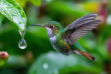 Obraz premium Hummingbird Drinking Water Droplet from Leaf