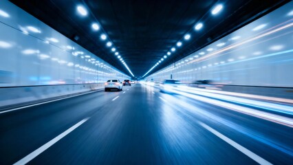 Fototapeta premium Cars driving through a brightly lit tunnel with motion blur effects