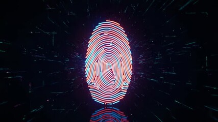 Neon fingerprint rotating inside a digital tunnel of data, representing biometric scanning, cybersecurity concepts, criminal identification, and personal data protection in a technological world - Powered by Adobe