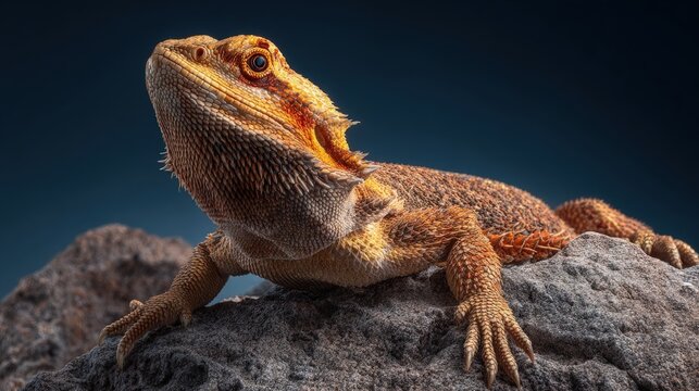 A bold bearded dragon basking regally atop rocks spines erect proudly exotic pet