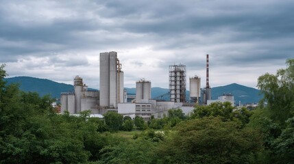 Large industrial plant with multiple tall cylindrical structures and chimneys. the plant is located in a hilly area with trees and bushes surrounding it.